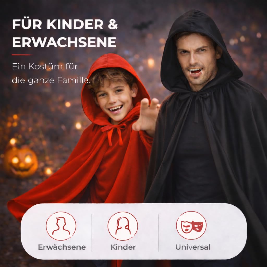 Peleryna z kapturem do kostiumu wampira, dla dzieci i dorosłych, na Halloween, bal przebierańców, karnawał, dwustronna
