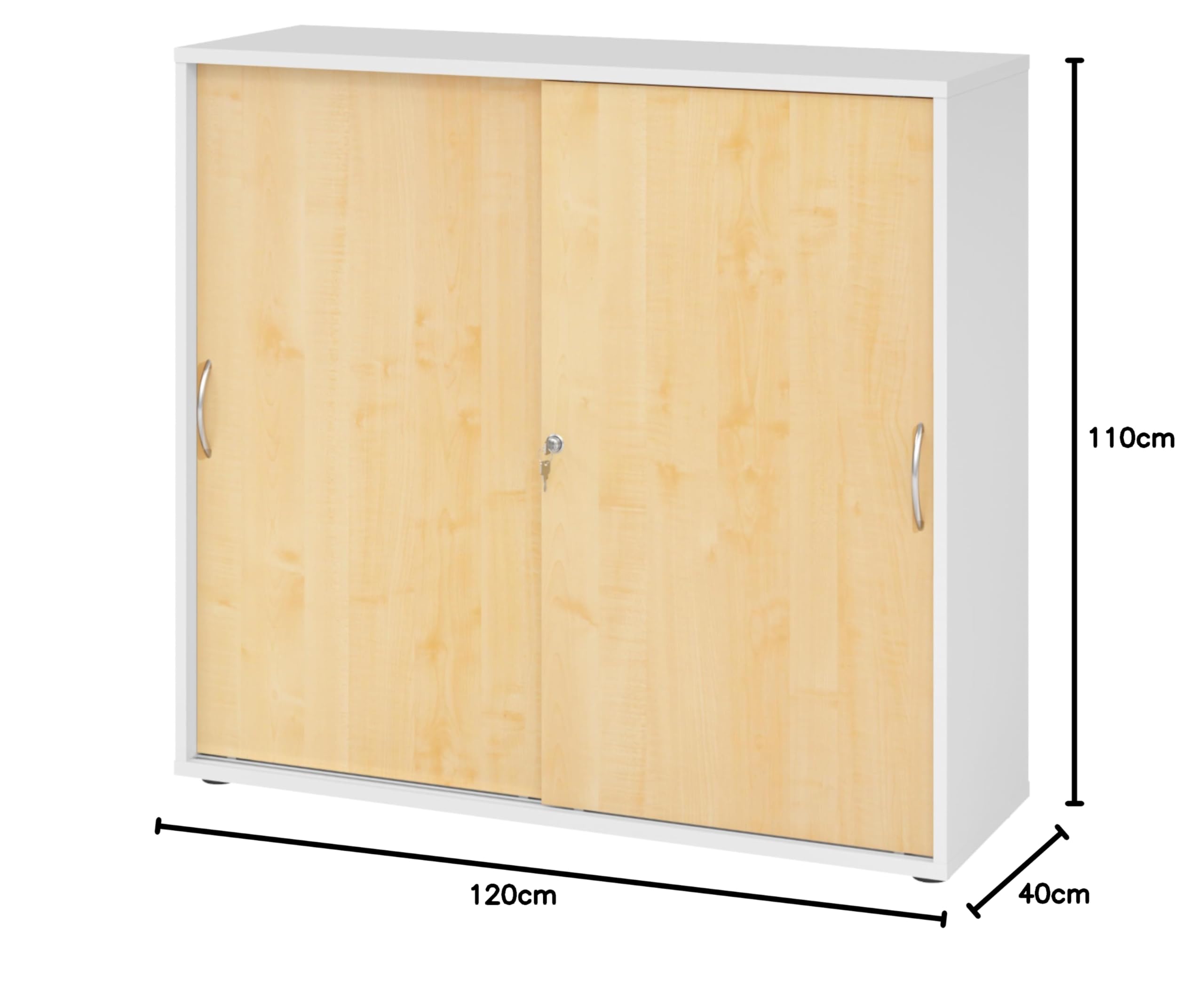 bümö Schiebetürenschrank 3OH - Aktenschrank abschließbar, Sideboard Schrank mit Schiebetüren in Weiß/Ahorn, Bogengriff - Büroschrank aus Holz mit Schiebetür, Büro Kommode für Ordner & Co.