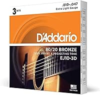 Vista 1 de D'Addario Cuerdas para guitarra acústica, bronce 80/20, EJ10-3D, calibre extra ligero 10-47, juego de 6 cuerdas, paquete de 3
