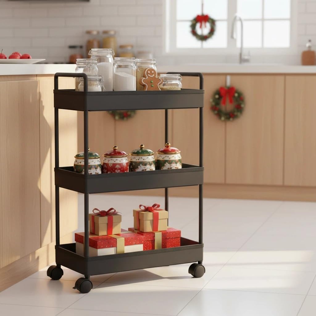 Ronlap 3 Tier Slim Rolling Storage Cart with Wheels Plastic Utility Cart Organizer for Snack Craft Art Postpartum Baby Diaper Nail Makeup in Bathroom Laundry Room Kitchen Bedside Narrow Space, Black