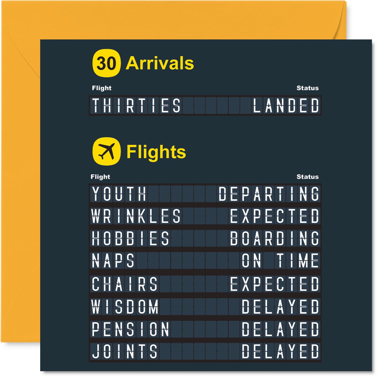 Funny 30th Birthday Card - Departures Board Laughs - Playful Travel-themed 30th with Witty Arrivals - Ageing Gags for a Milestone Birthday - 145mm Square, Envelope Included