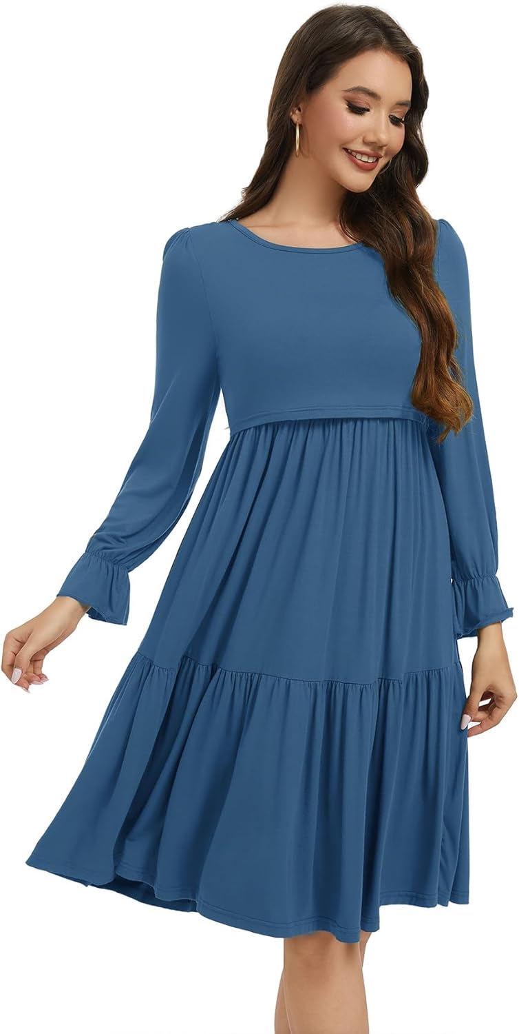 Smallshow Women's Maternity Nursing Dress Long Sleeve Ruffle Breastfeeding Clothes - Image 4