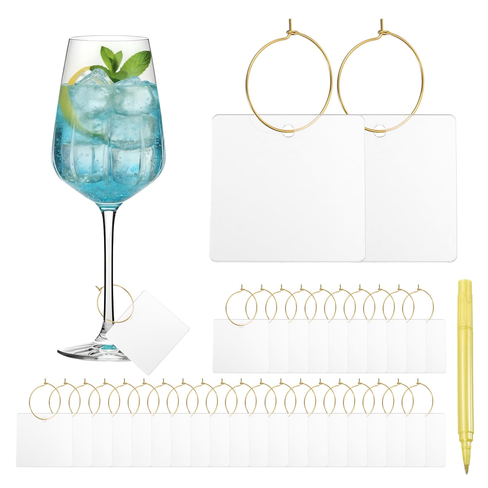 sourcing map 40 Pcs Wine Glass Charm with Ring Tags, Drink Glass Identifiers Acrylic Keychain Blanks with Gold Marker for Stem Glasses Wedding Party Birthday DIY Craft, Clear Square