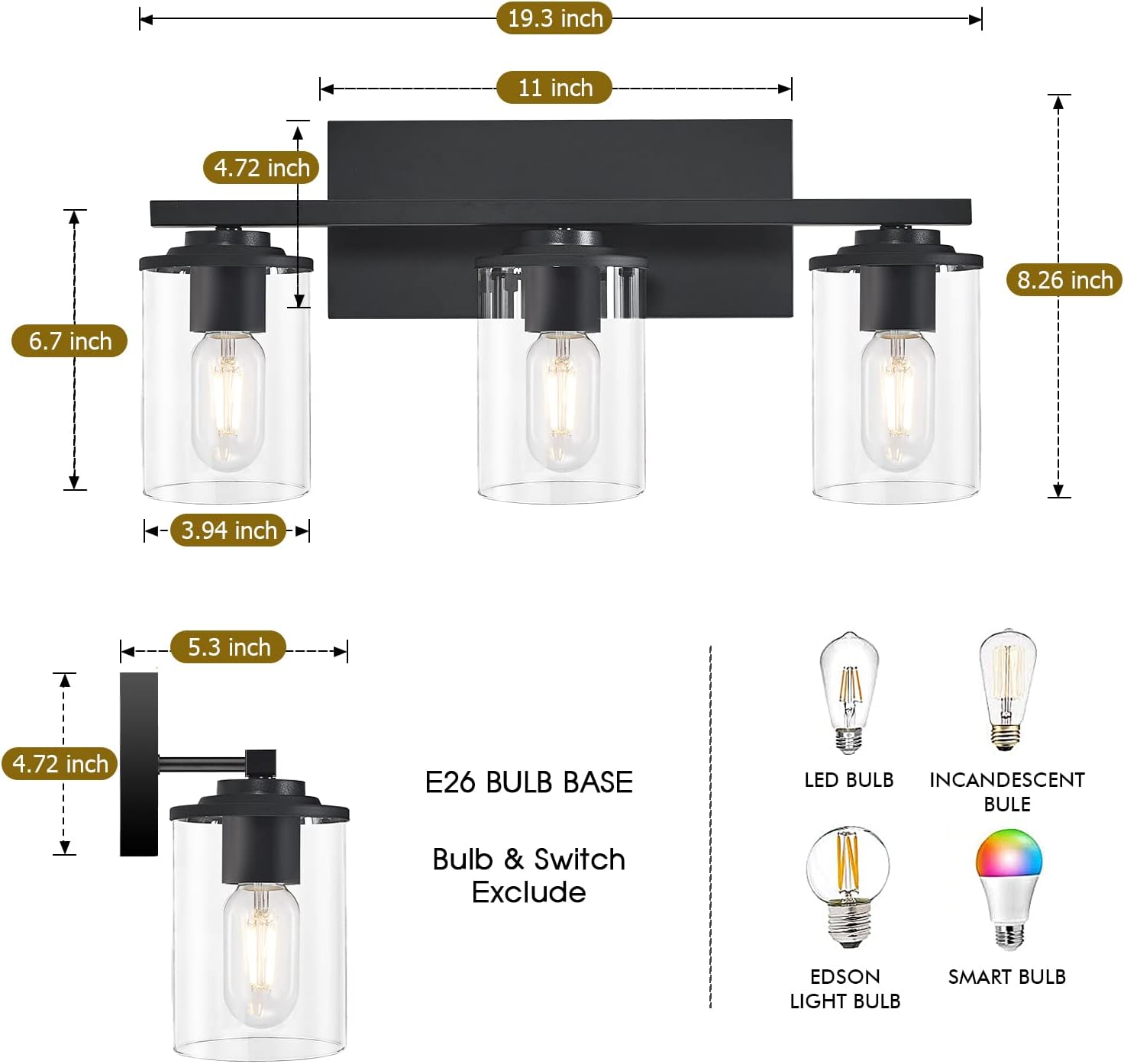 Matte Black 5-Light Bathroom Vanity Fixture with Glass Shades