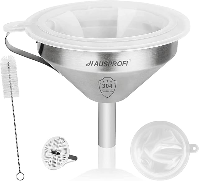 HAUSPROFI Stainless Steel Funnel, 13cm 304 Stainless Steel Kitchen Funnel with 200 Mesh Food Filter Strainer for Transferring Liquids, Oil, Making Jam (5 Inch)