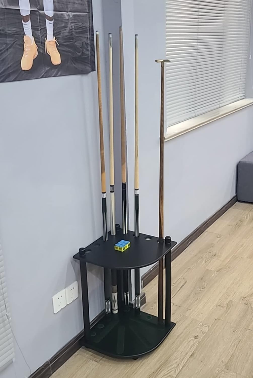 Corner Floor Standing Pool Cue Organizers/Stand, Black Wooden Modern Pool Stick Holder, Portable 8 Billiards Pool Cue Rack for Game Room/Office/Club,