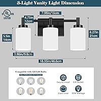 Vista 2 de 3-Light Bathroom Vanity Light Fixtures Over Mirror, Rustproof Vanity Lights for Bathroom, Modern Black Bathroom Lights Wall Mount with Milky White