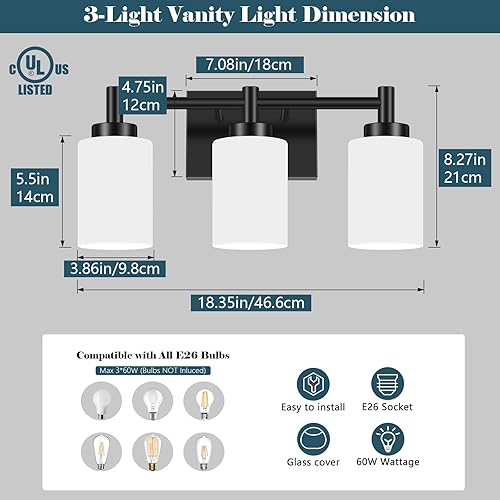 Miniatura 2 de 3-Light Bathroom Vanity Light Fixtures Over Mirror, Rustproof Vanity Lights for Bathroom, Modern Black Bathroom Lights Wall Mount with Milky White