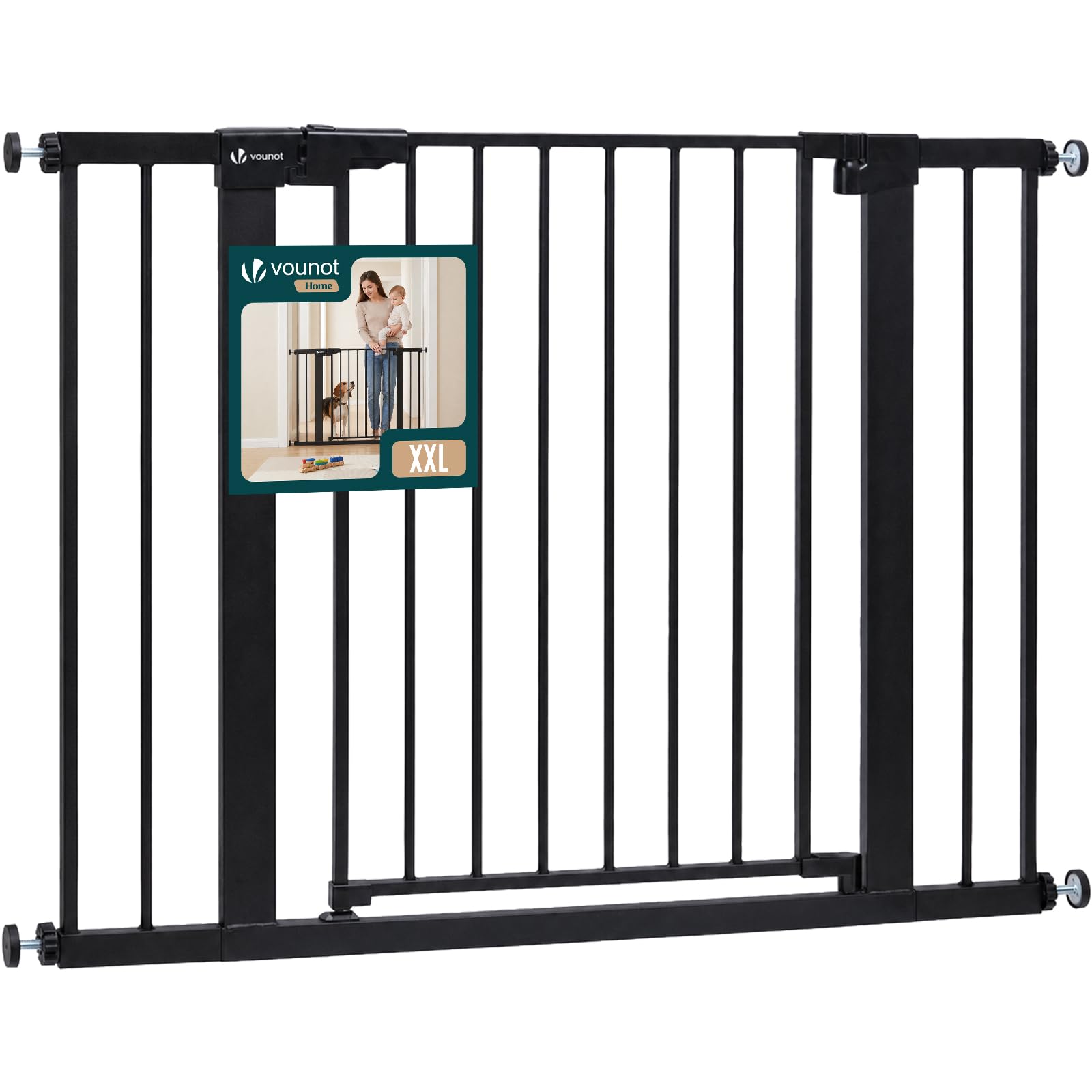 VOUNOT® Barrera de Seguridad Extensible 103-110cm Puerta Seguridad Escalera Pasillo para Perros Mascotas Valla Metálica a Presión sin Taladros Alto 76cm Doble Bloqueo Auto Close Giro Ambos Lados Negro