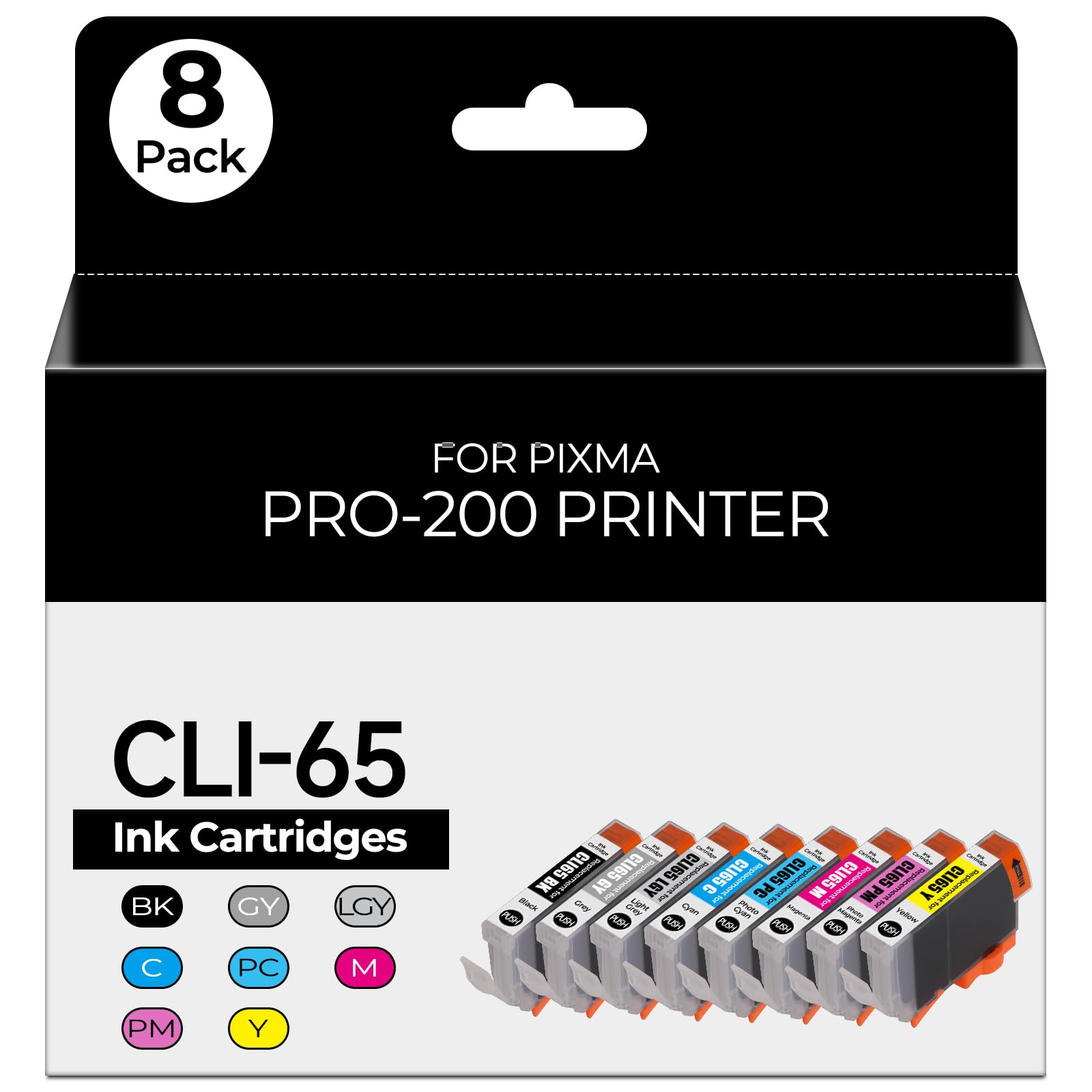 CLI-65 Pro 200 Ink Cartridges Compatible for Canon 65 CLI65 CLI-65 Ink Cartridge Value Pack Compatible for Canon pro 200 Ink Cartridges for PIXMA Pro 200 Pro-200 Pro 200s Pro200 Printers(8 Pack)