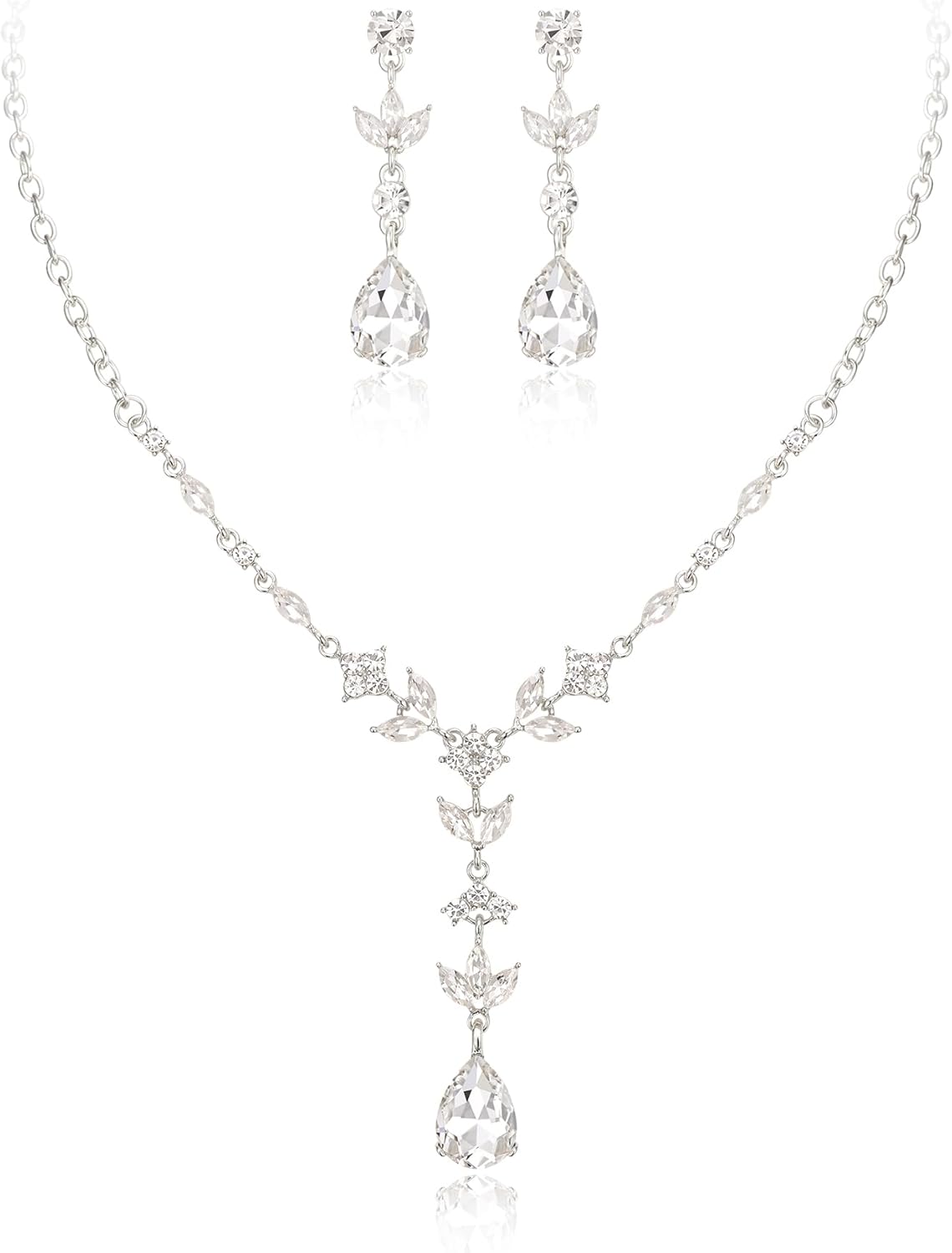 EleQueen Women's Marquise Floral Wedding Jewelry Set, Bridal Y-Necklace and Dangle Earrings Sets for Party Prom/Anniversary