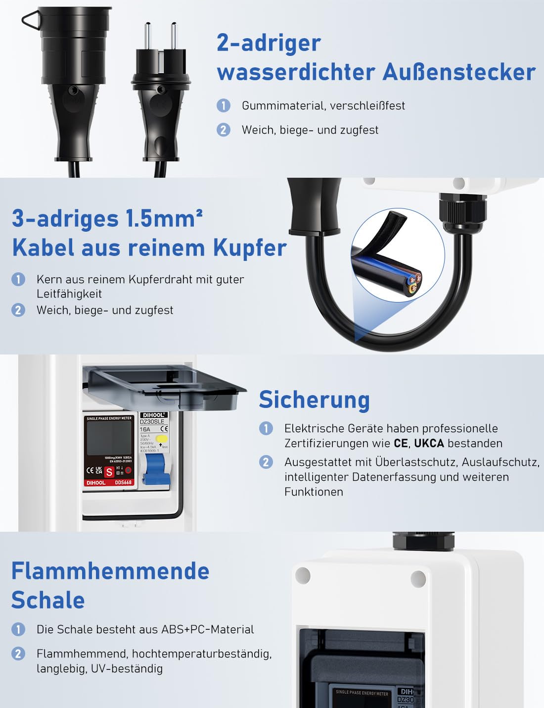 DIHOOL Mobiler Digitaler Stromzähler Für Steckdose 80A 230V Mit Typ A fi ls Schutzschalter 16A und Schuko Stecker Ip65 Stromverbrauchsmesser