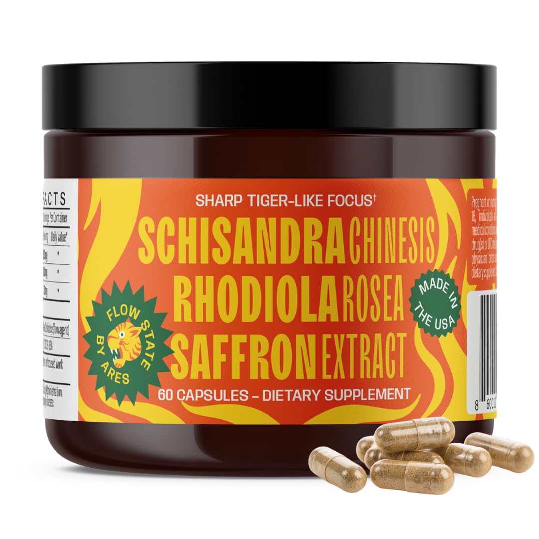 Ares Flow State - Focus, Mood & Stress Relief - Natural Dopamine, Serotonin, Cortisol Supplements for Women and Men with Schisandra Organic, Rhodiola Rosea, Saffron Extract - 60 Capsules