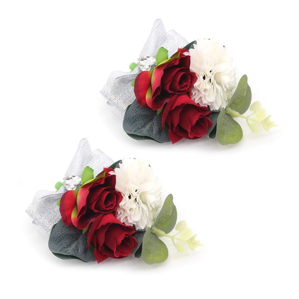 Shiwaki 2 x Wedding Supplies for Girl Bridesmaid Wrist Flowers Prom Party Wrist Flowers Wedding Decoration Gifts (Red) - Image 2