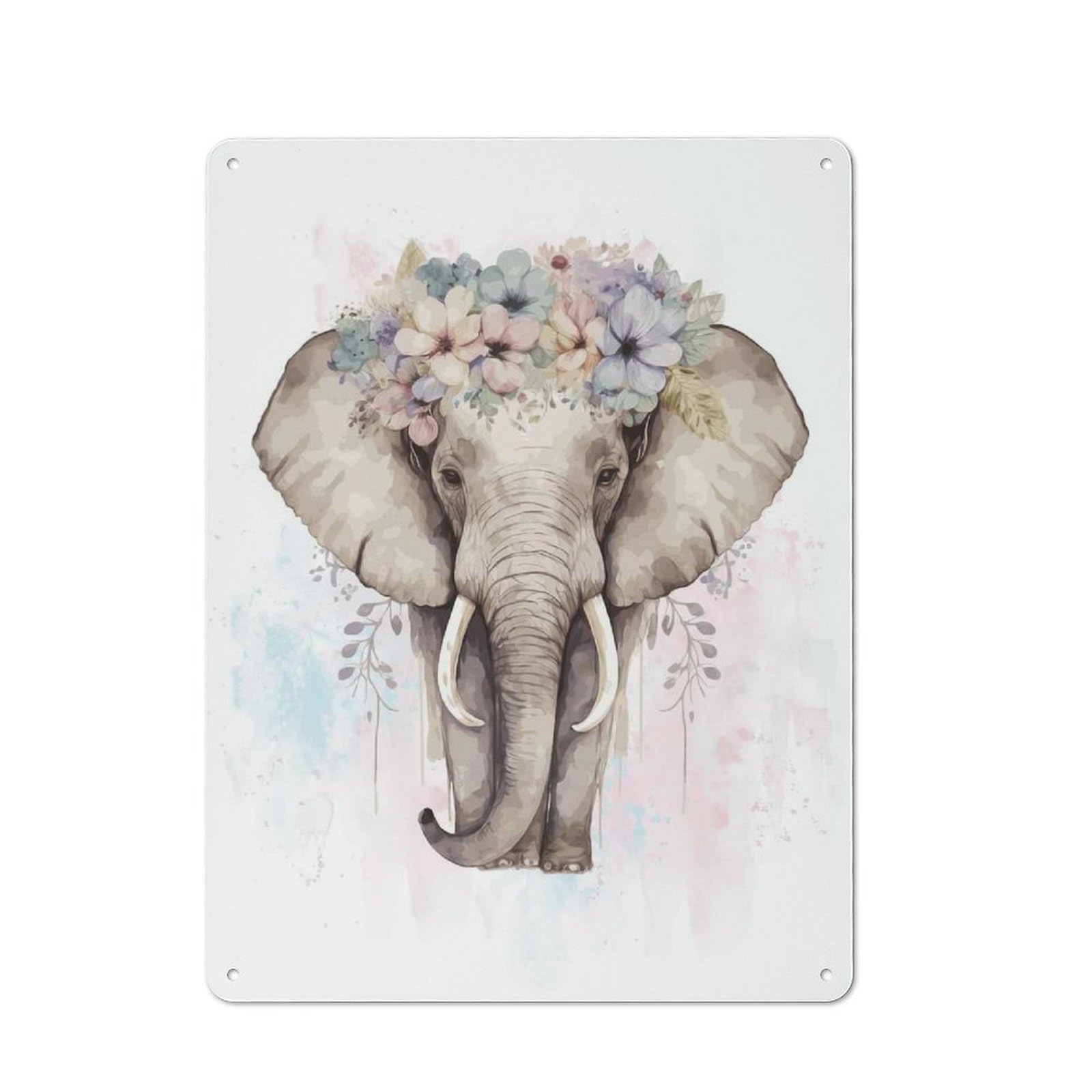 Decorative Tin Plaque with Watercolor Flower Elephant Design 40x30cm, Classic Novelty Wall Art for Flat, Dorm Room, Lounge Or Cafe
