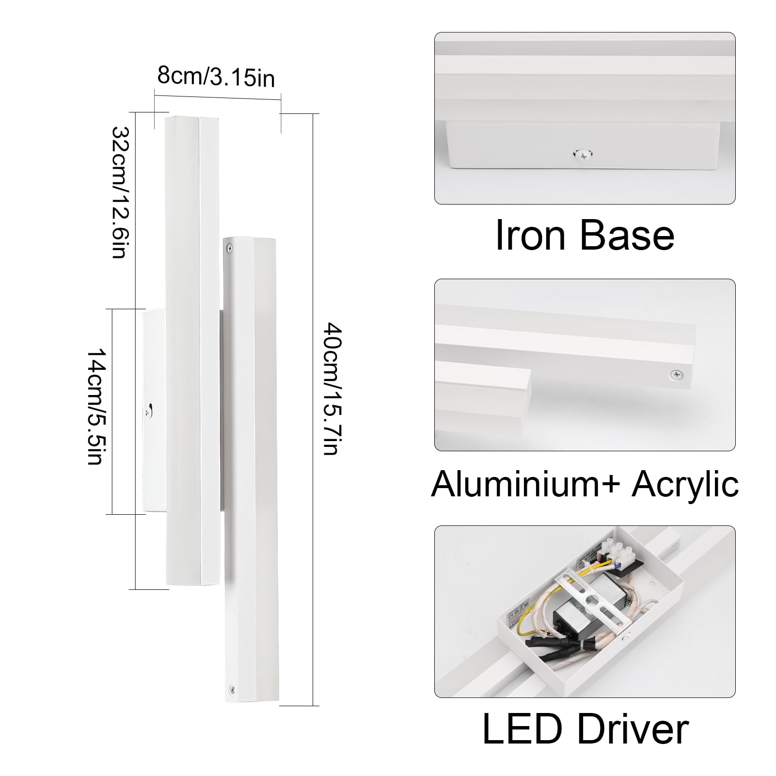 Klighten Applique da Parete LED Interno 40cm, 12W 850LM Lampada da Parete Decorative Mordern, Lampada Muro per Camera da Letto, Soggiorno, Scala, 110-240V, Bianco Neutro 4000K, Bianco
