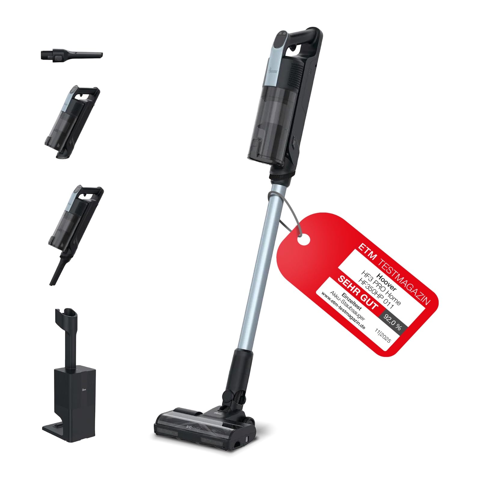 Hoover Akku-Staubsauger kabellos HF3 Pro Home mit 3L automatischer Staubentleerungs- & Ladestation, bis zu 60 Min. Laufzeit, HEPA13-Filter, Anti-Twist, Doppel-Kantenreinigung, Parkfunktion [HF350HP]