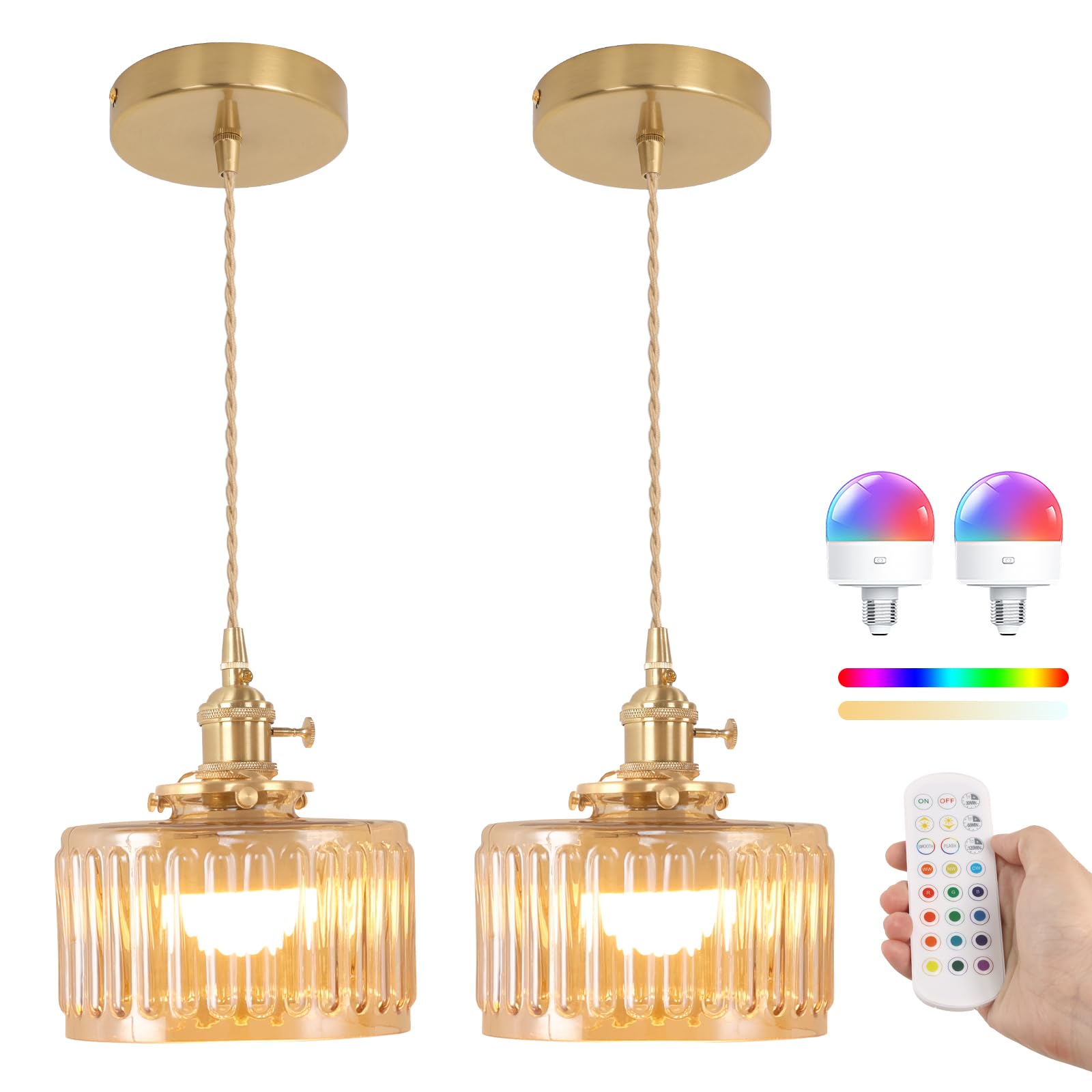 Photo 1 of Shenmoyl Battery Operated Pendant Light 5000mAh Rechargeable Chandelier with Remote Control Wireless Adjustable Hanging Amber Striped Light for Kitchen Island Dining Room Hallway, 2 Pack