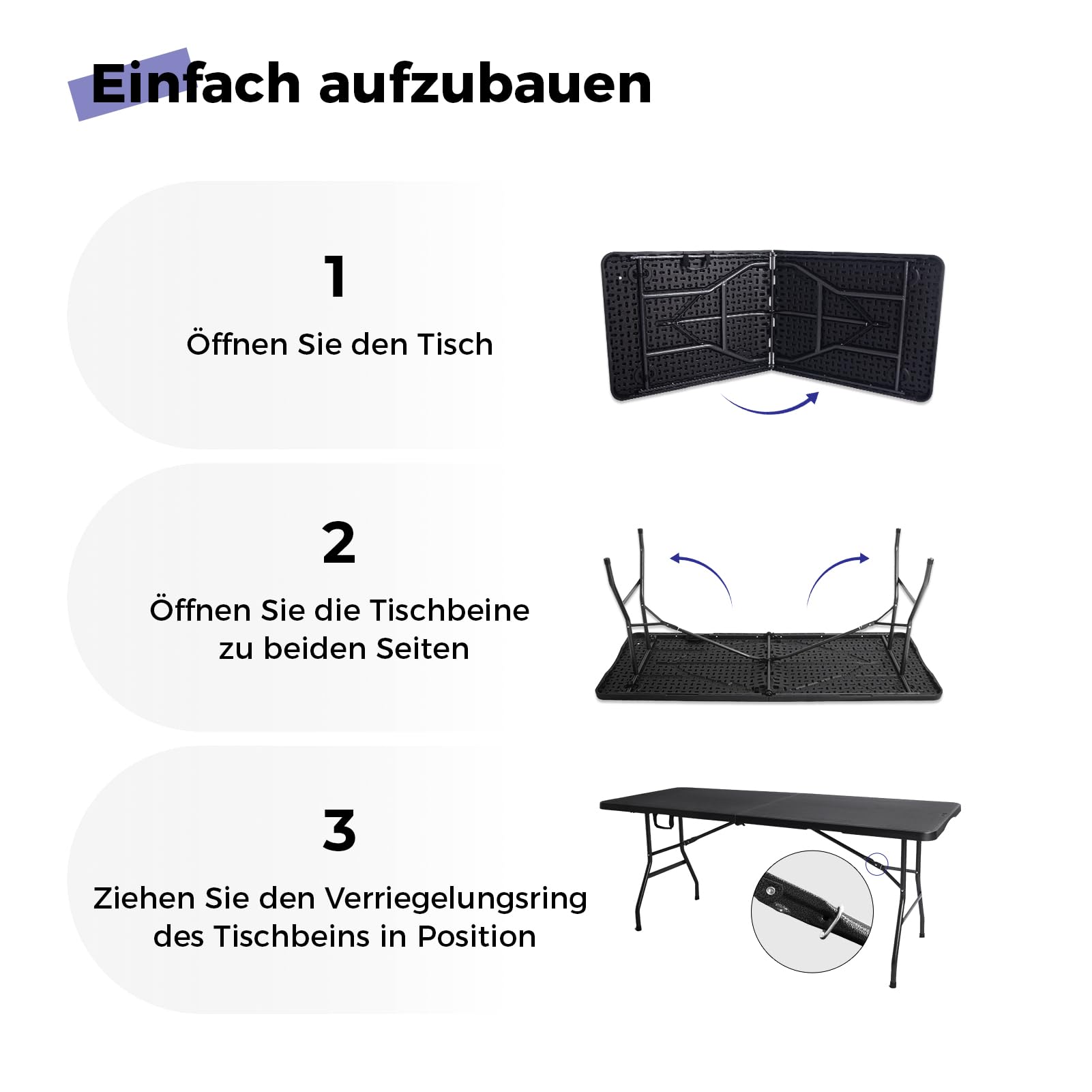 Byliable Klapptisch, 180cm, tragbar, robust, Kunststoff, zusammenklappbar, für drinnen und draußen, für Camping, Picknick und Party (Schwarz)