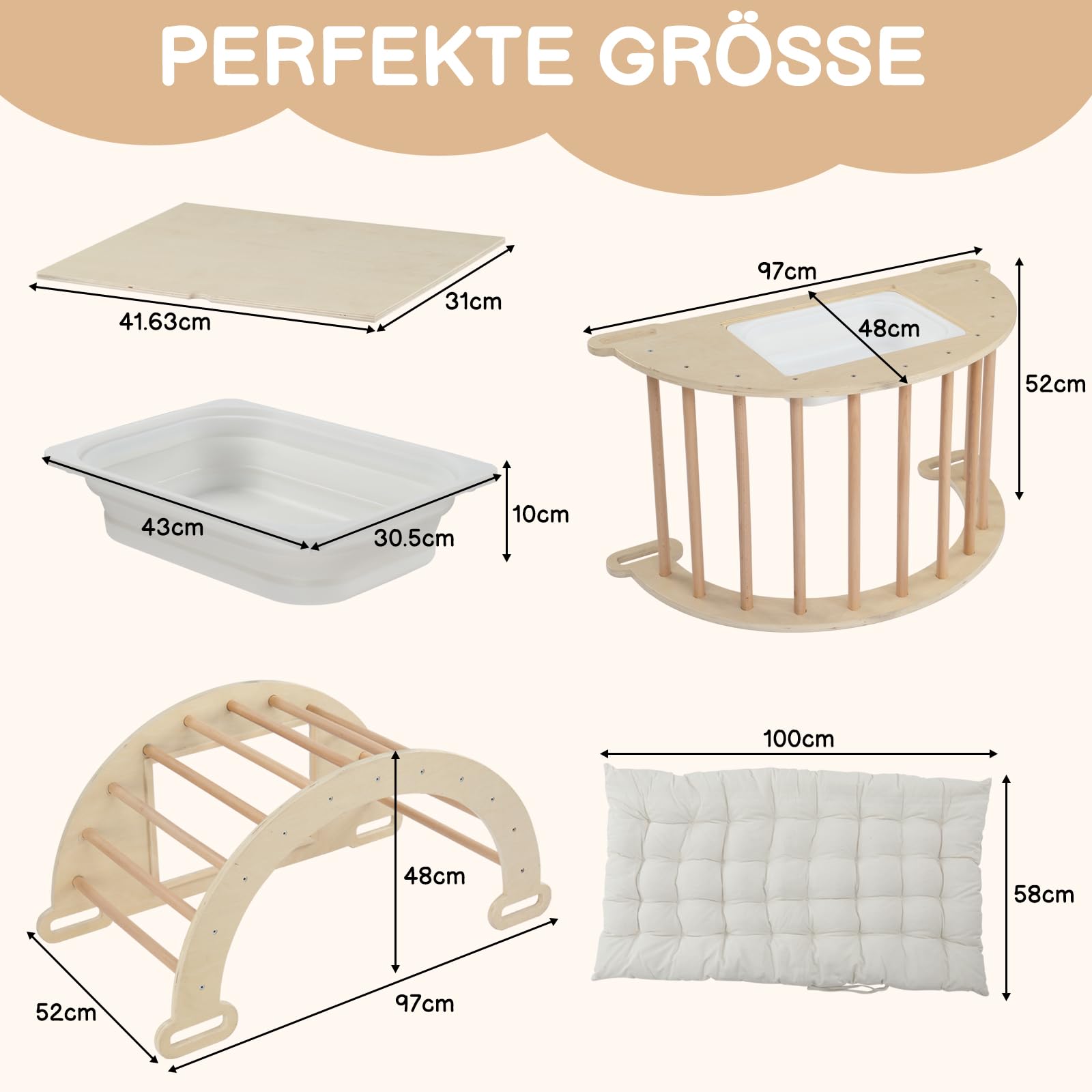 LEADZM 5-in-1 Kletterbogen für Kinder, Schaukelstuhl mit Kissen und Sensoriktisch, Montessori-Kletterspielzeug mit faltbarem Ablagebecken und Tafel, Motorik-Spielzentrum für Babys