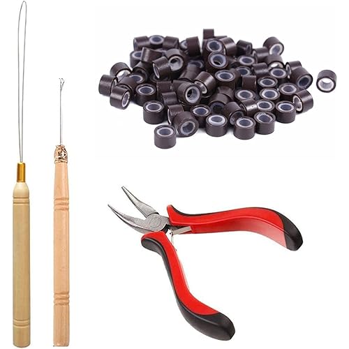 Orgrimmar Hair Extension Tool Kit Hair Extension Remove Pliers Pulling Hook 500 PCS Micro Silicone Rings Bead Device Tool Kits for Professional Hair Styling Tools Accessory (Dark Brown)