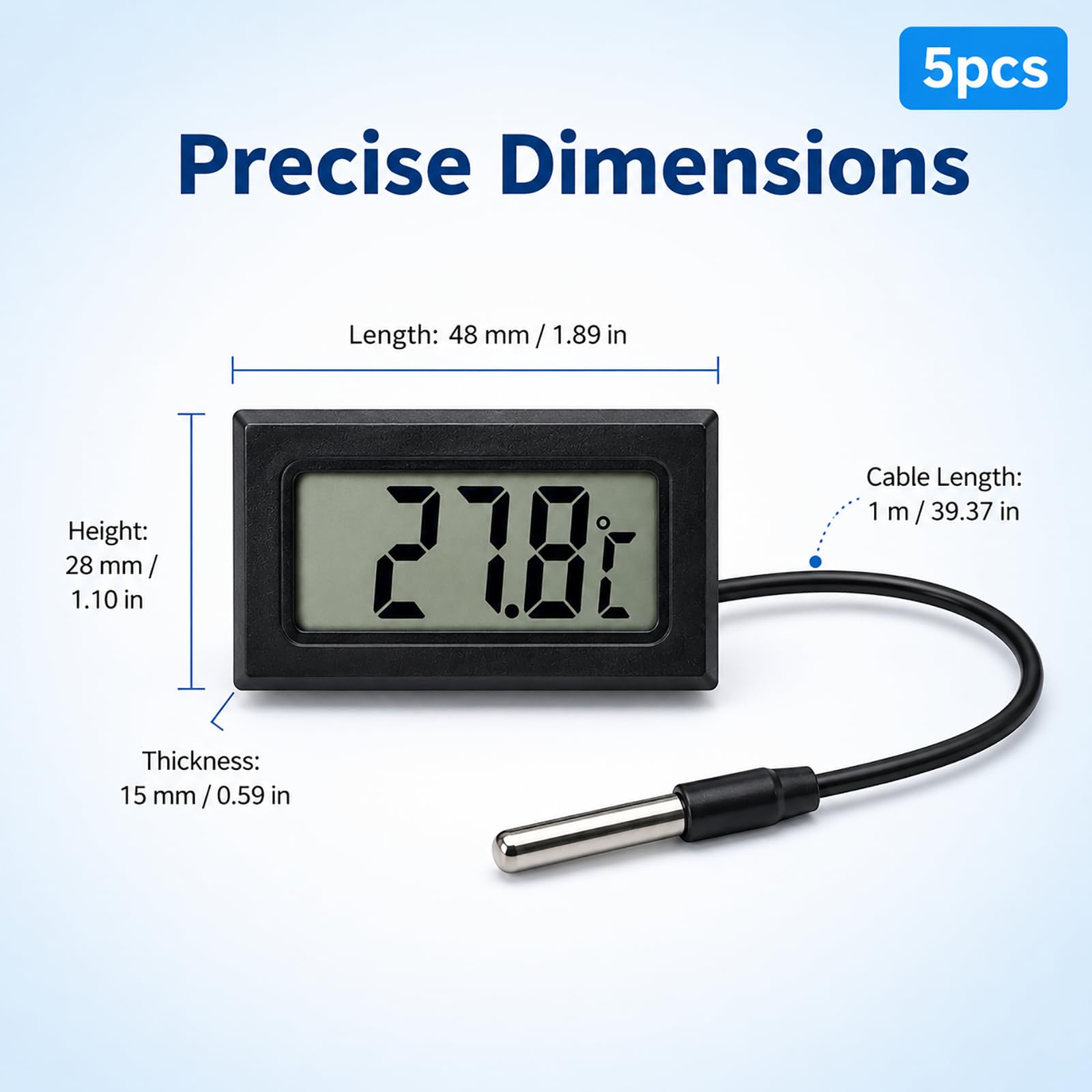 Digitales Thermometer mit externer Sonde, Temperaturfühler für Kühlschrank, LCD-Display, Bereich -50 °C bis +110 °C, Kabel 1 m, Batterien im Lieferumfang enthalten, Gefrierschrank, Aquarium, Bad, Auto