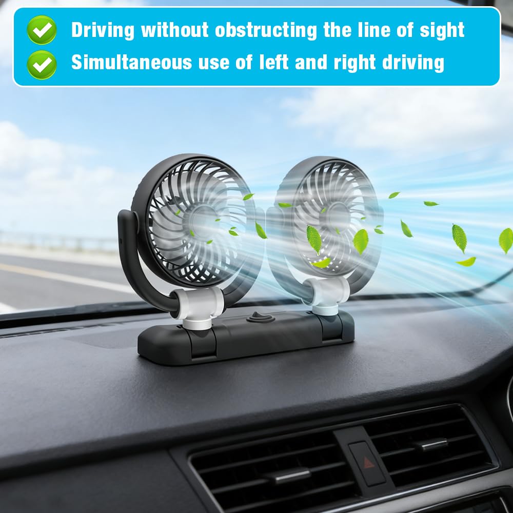 Mineup Ventilatore Auto 5V, Ventilatore Auto Doppia Testa, Ventilator 360° Ruotabile Portatile Con 2 Velocità, Alimentate Tramite Accendisigari, Per Cruscotto Aut Furgone SUV RV Barca