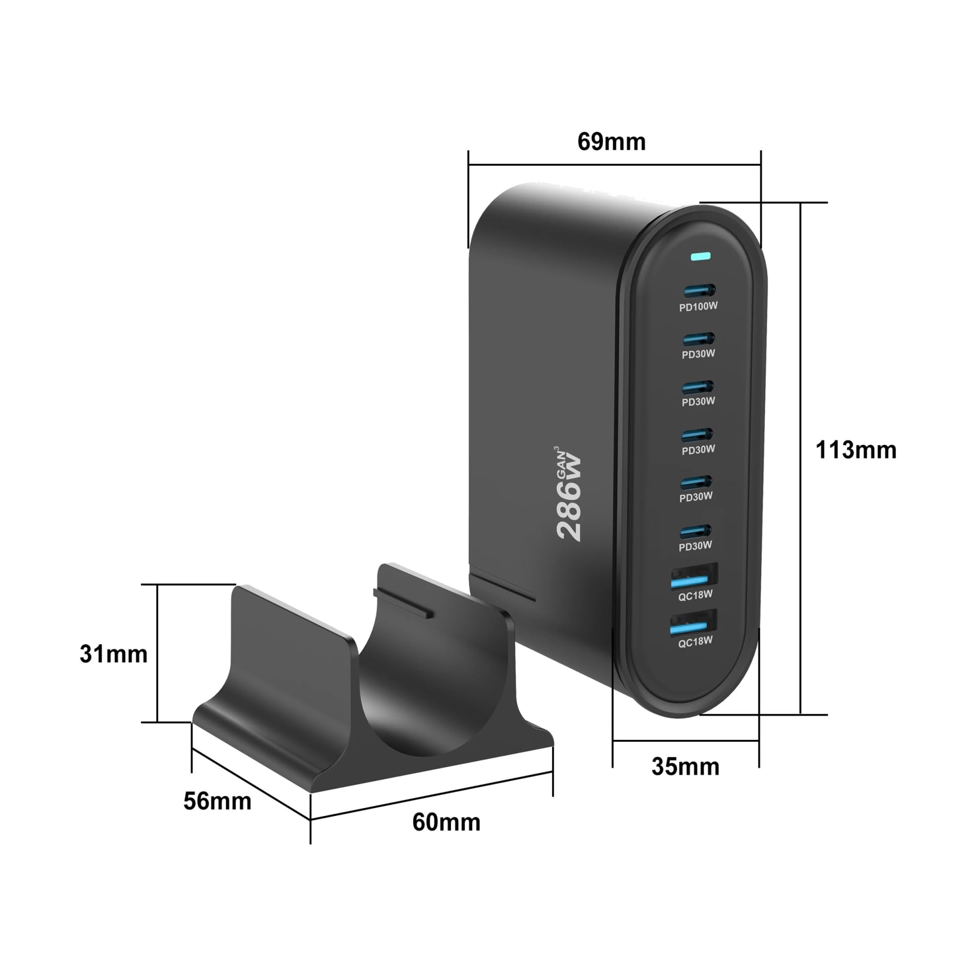 286W gan charger Multi USB Charging Station 8 Port Hub Type C Charger 100w PD Fast Charging Smart 65w(E-U-Plug,White)