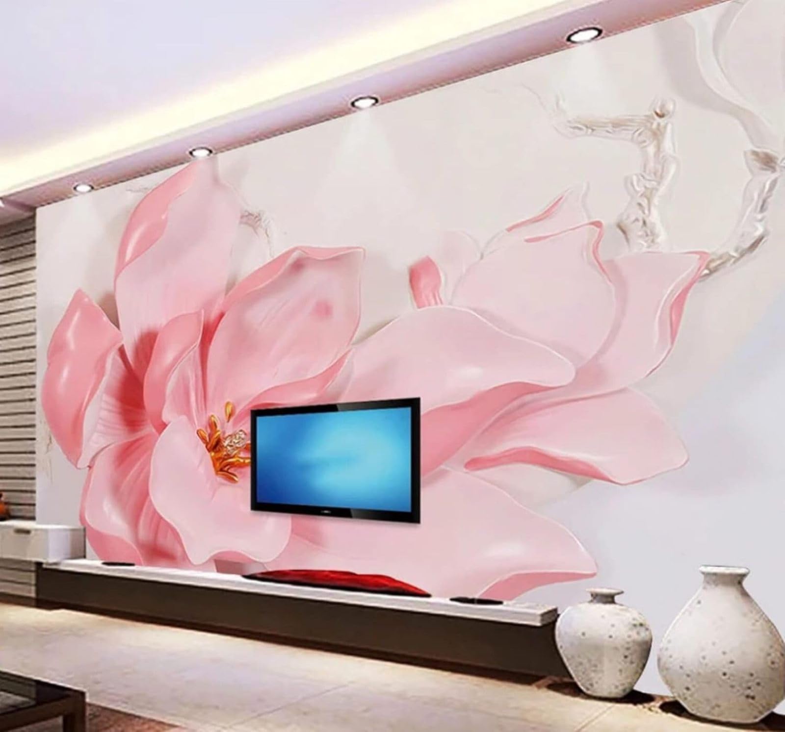 Wallpaper-3D-Xlm 200Cm×140Cm(B×H) Three Dimensional Relief Beautiful Pink Flowers 3D Wallpaper Easy Install Feature Office Living Room Sofa Bedroom Tv Background Wall Decoration-200Cm×140Cm