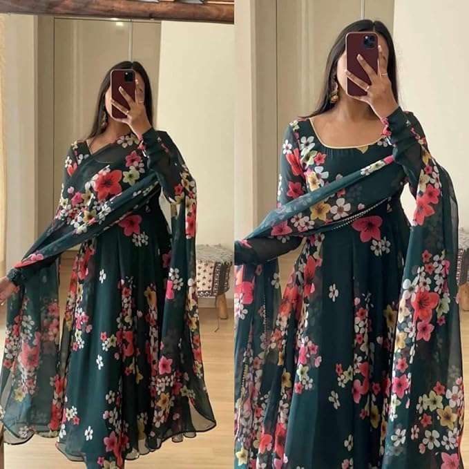 Image of DIGAMBARA Digital Floral Printed Georgette Anarkali Gown for Women, Ethnic Wear, Full Sleeves, Fit and Flare Dresses with Dupatta for Womens and Girls, Green