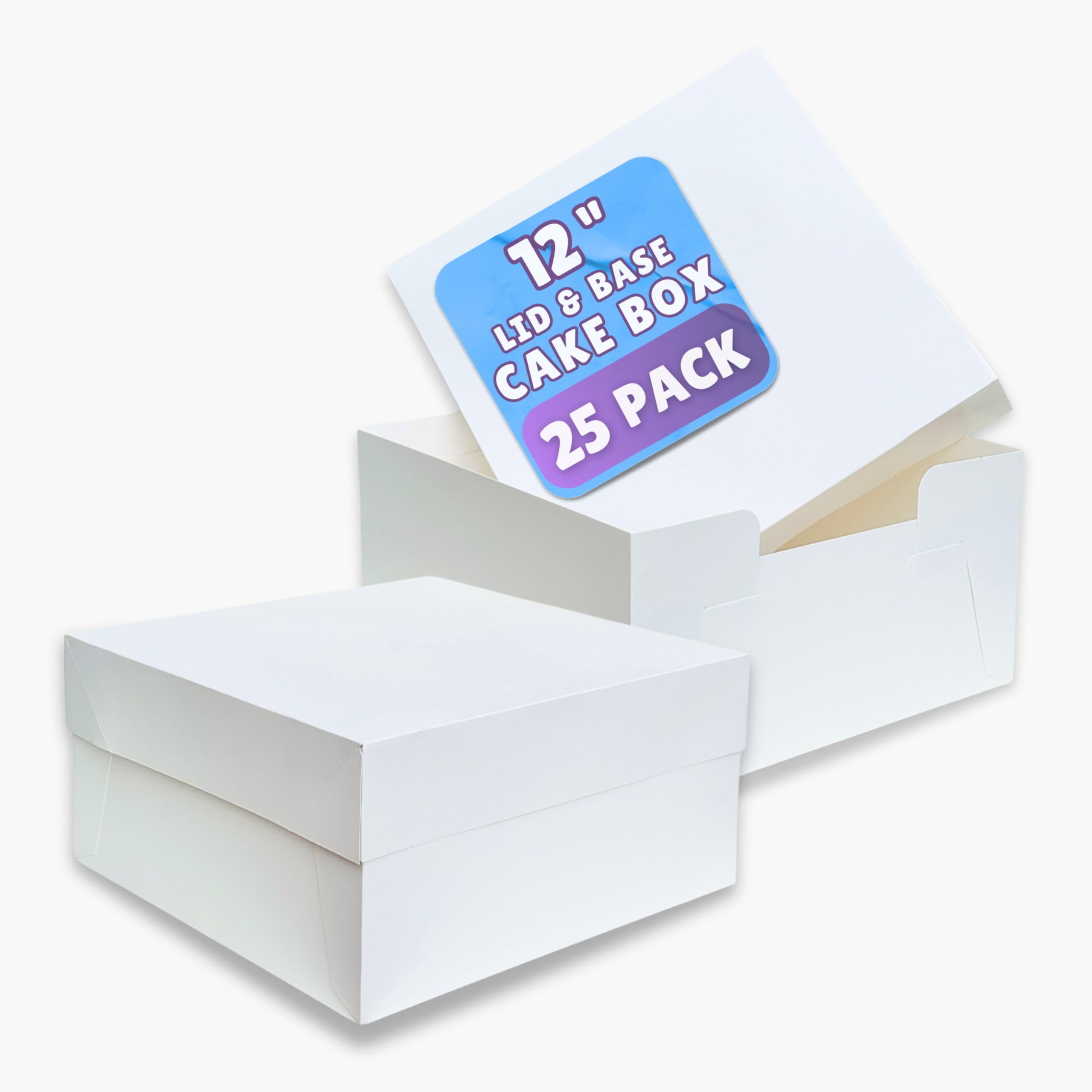 PACK N TRADE White Cake Box 12 inch, Pack of 25 Square Cardboard Cake Boxes with lids (12 x 12 x 6 Inches), Ideal for Safely Carrying and Transporting Cakes