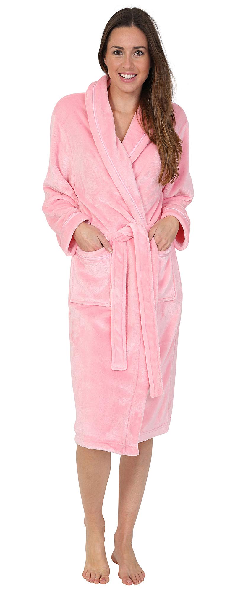 Florentina Women's Pink Soft Fleece Bathrobe, With Ribbon Detail (Medium)