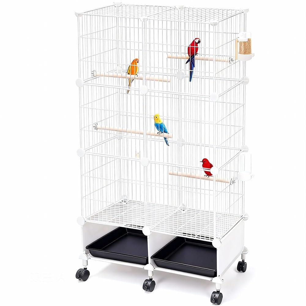 Jaula grande para pájaros, jaula para periquitos con soporte desmontable y ruedas, jaula para pájaros con bandeja deslizante para pájaros, perchas de madera, soporte rodante, jaula de pájaros de vuelo