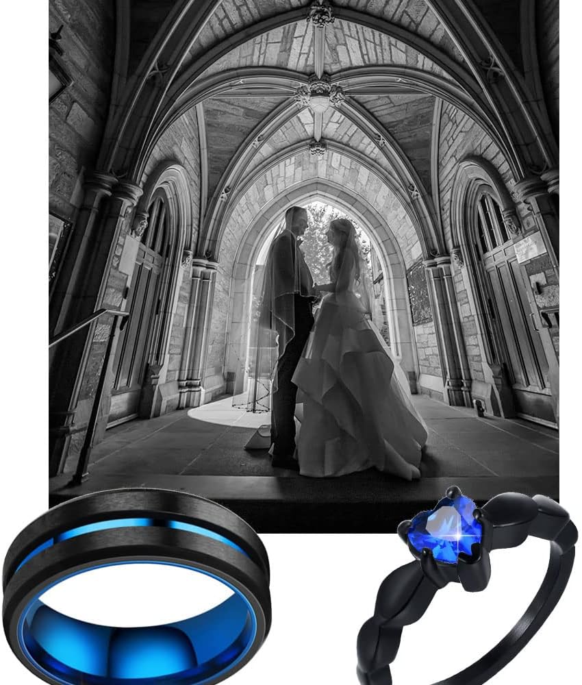 Personalized Black and Blue Wedding Rings Set for Him and Her Matching Promise Rings for Couples Engraved Name Rings for Couples Womens Blue Sapphire & Cubic Zirconia Ring
