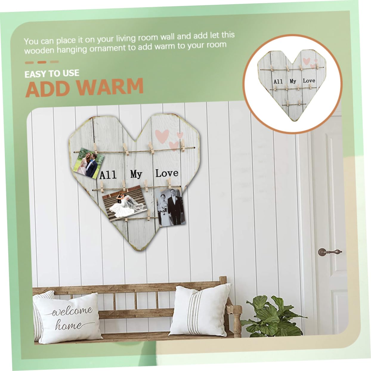 Portafoto a Parete a Cuore in Legno Beige Stile Rustico
