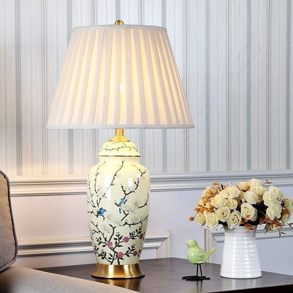 Lampka Nocna, Lampka Stołowa, Ceramiczna Lampa Stołowa, Teksturowany Wazon Z Kwiatami, Klosz Bębnowy, Kompatybilna Z Sypialnią, Salonem, Biurem, Lampką Nocną Do Czytania, Na