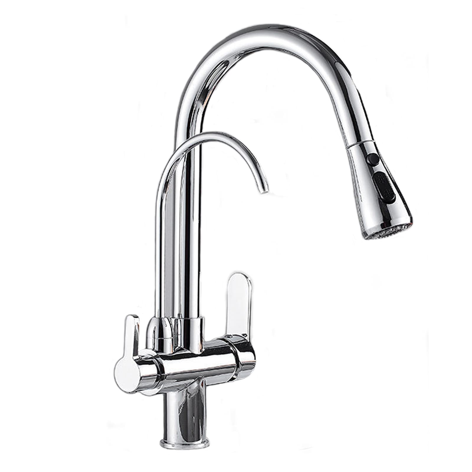 Pull Out Kitchen Faucet, Drinking Water Brass Double Handle Single Hole Hot and Cold Mixer Tap, 360°Rotation Sink Tap with Down Sprayer,Black(Cromo)