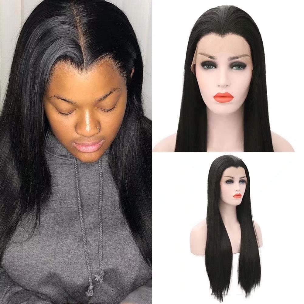 RONGDUOYI RDY Black Long Straight Synthetic Lace Front Wig Natural Looking Beauty Tip Hair Style for Black Women 26inches Widow's Peak Free Part Daily Wear Replacement Wig