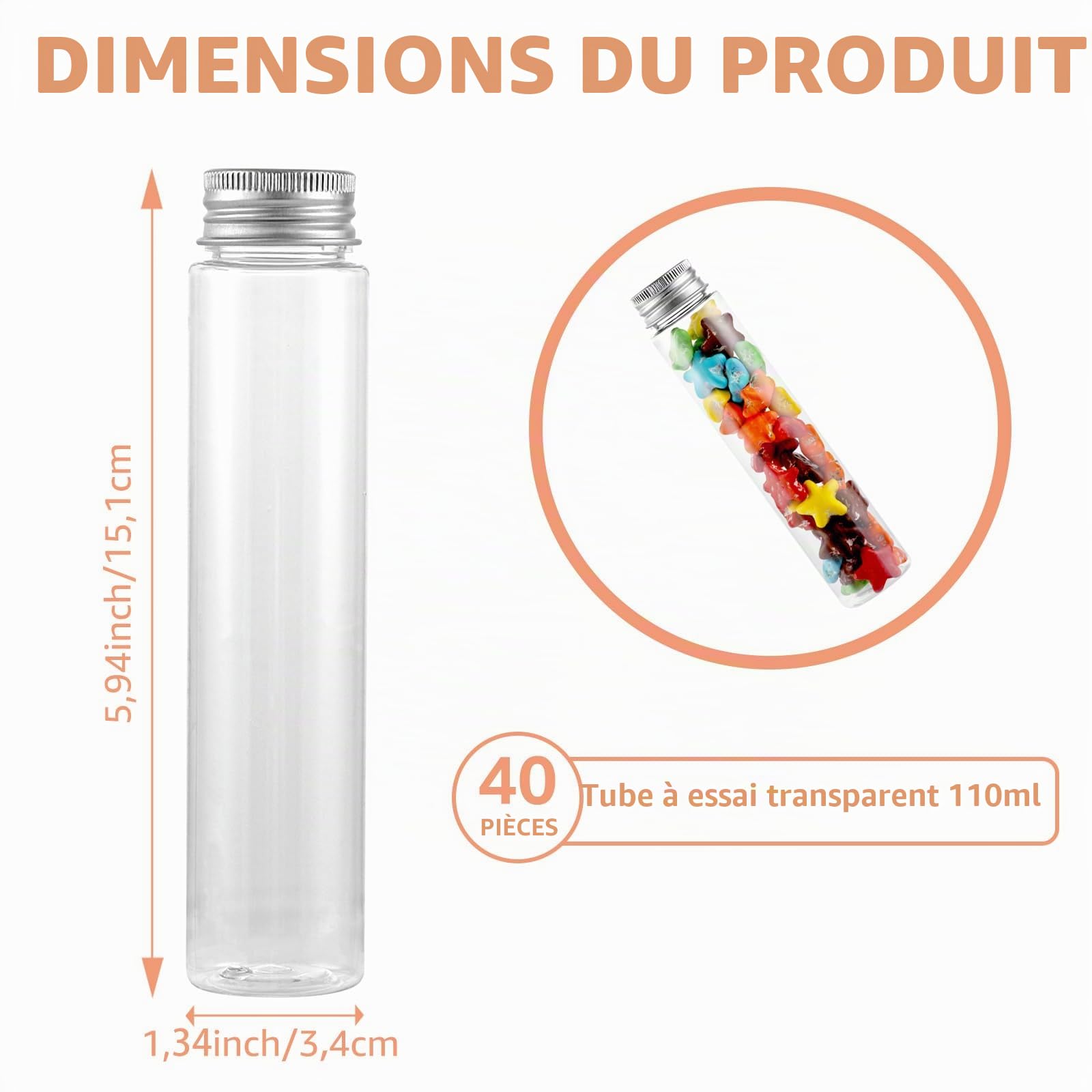 40 Tubes à Essai Plastique 110ml Transparents avec Bouchon Alu, Tubes Plats pour Bonbons, Liquides, Plantes, Décoration - Sécurité Alimentaire, Étanche