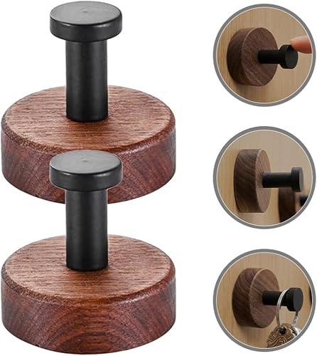 Miniatura 2 de Ganchos para bolsas, 2 ganchos de pared de madera, ganchos redondos adhesivos montados en madera rústica, gancho para bata, perchero para colgar