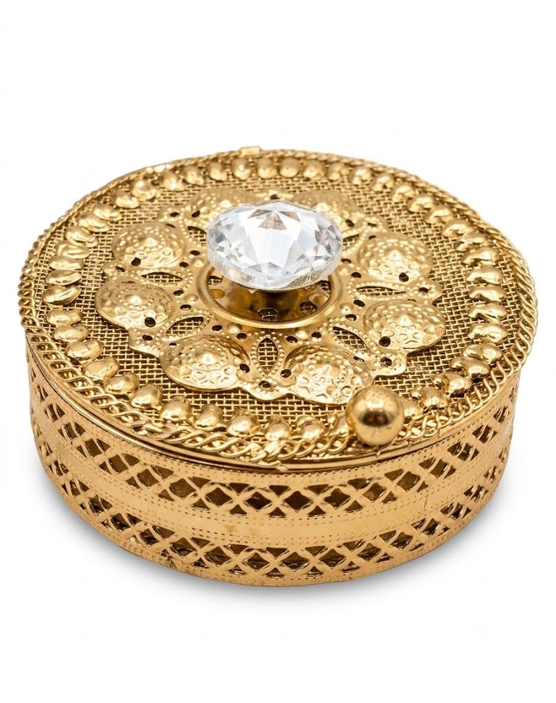 Decorative Metal Kumkum Dabbi Antique Brass Finish Crystal Knob Haldi Kumkum Box Sindoor Dani Roli Box Pooja Kumkum Container for Mandir Diwali Wedding Return Gift 2.6 Inch-image-43