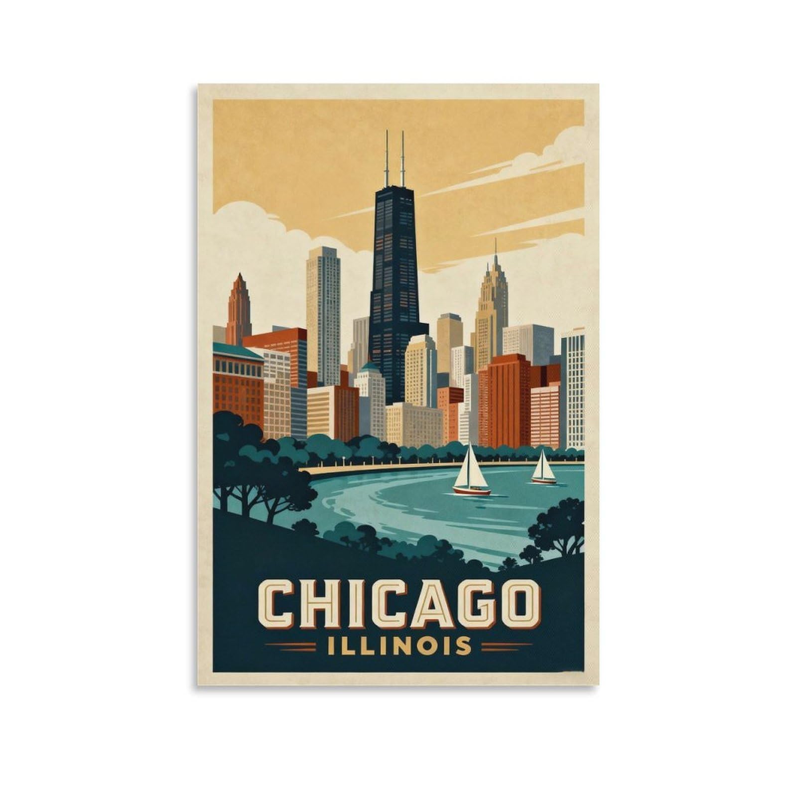 PPNVMKX Chicago Illinois Vintage Travel Posters 08x12inch(20x30cm) Wall Decor Painting Canvas Wall Art Living Room Poster Bedroom