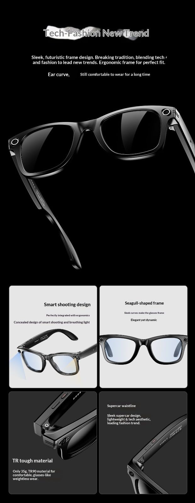 Occhiali intelligenti per traduzione e riconoscimento alimentati dall'AI, occhiali Bluetooth con fotocamera ad alta definizione, fotocamera da 8 MP, batteria da 260 mAh, traduzione in tempo reale