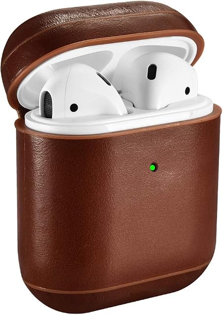AirPods Case, Icarer Premium Genuine Leather Portable Shockproof Protective Cover for Apple AirPods 1&2 Earphones Charging Case (Front LED Visible) Support Wireless Charging (Brown)