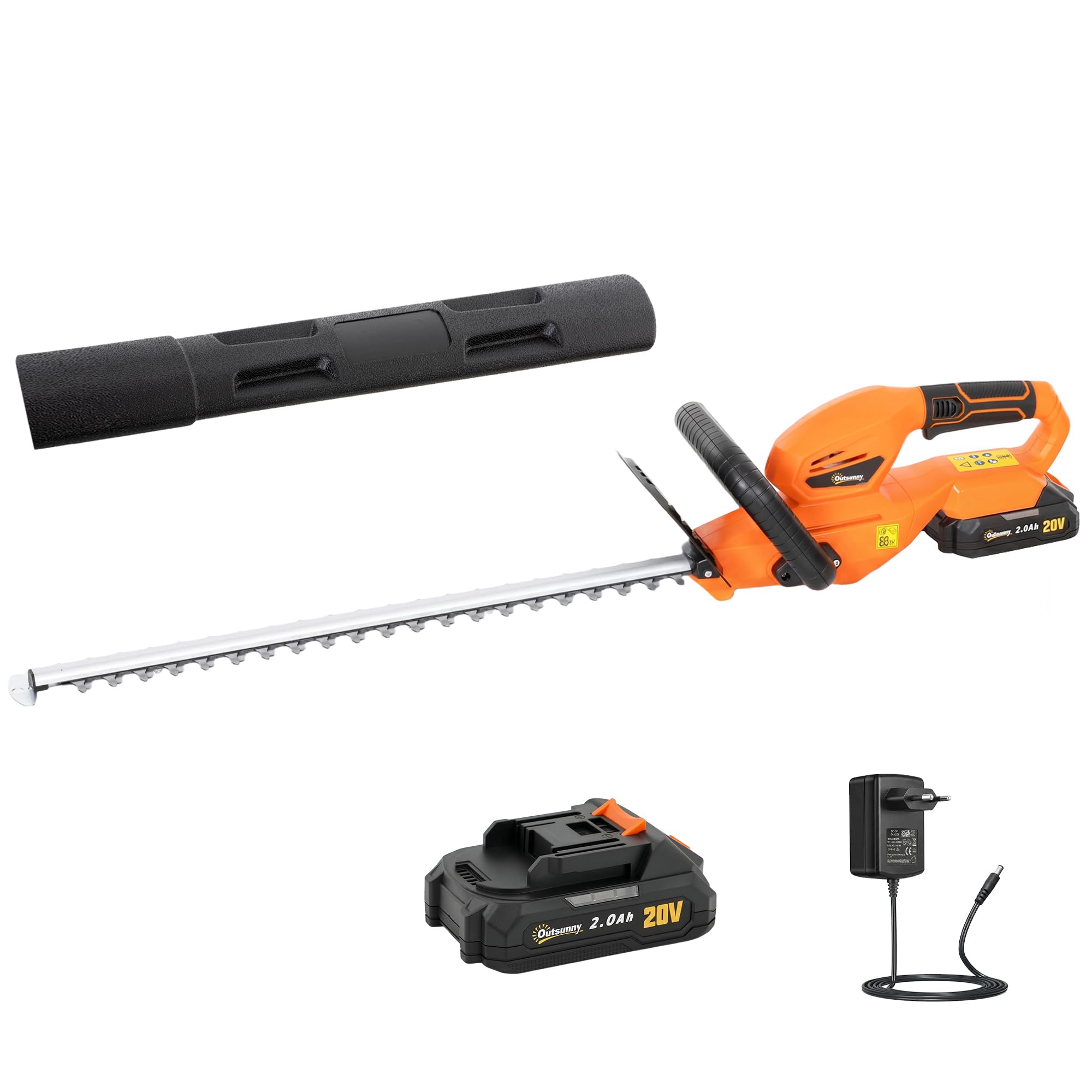 Outsunny Tijeras Cortasetos Eléctrico, Cortasetos Batería 18V con Batería de 2000mAh, Hoja de Doble Acción de 51 cm, Motor sin Escobillas y Cargador para Setos, Césped, Naranja