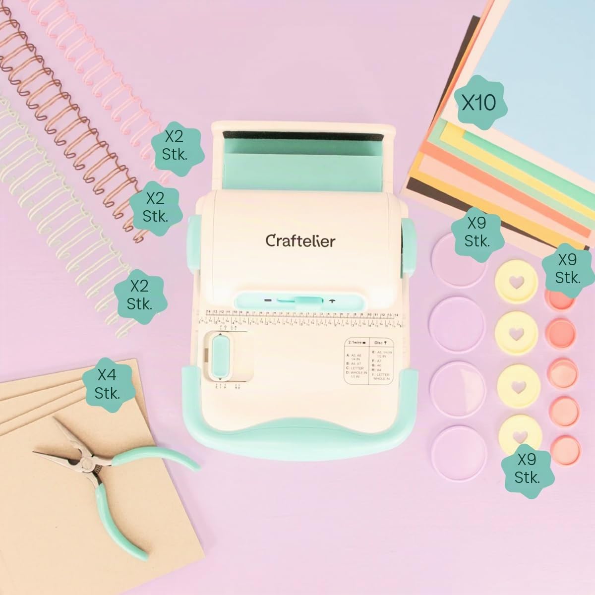 Craftelier - Einband-Starterset | Set mit Mini-Bindegerät, Minty Duo Ringbindegerät, Draht- oder Disk-Ringen, Karten zum Erstellen von Alben, Planern und personalisierten Notizbüchern