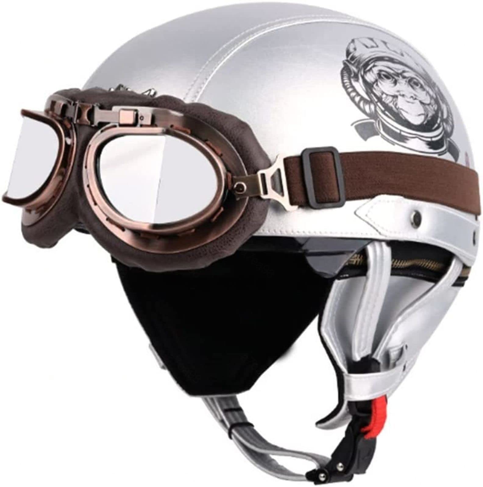 EBAYIN Casque Bol Homologué ECE Casque De Moto Demi-Coque Casque De Jet Vintage Casque De Cyclomoteur en Cuir VisièRe IntéGréE, Casque De Scooter Cruiser Chopper,E-L=（59~60CM）