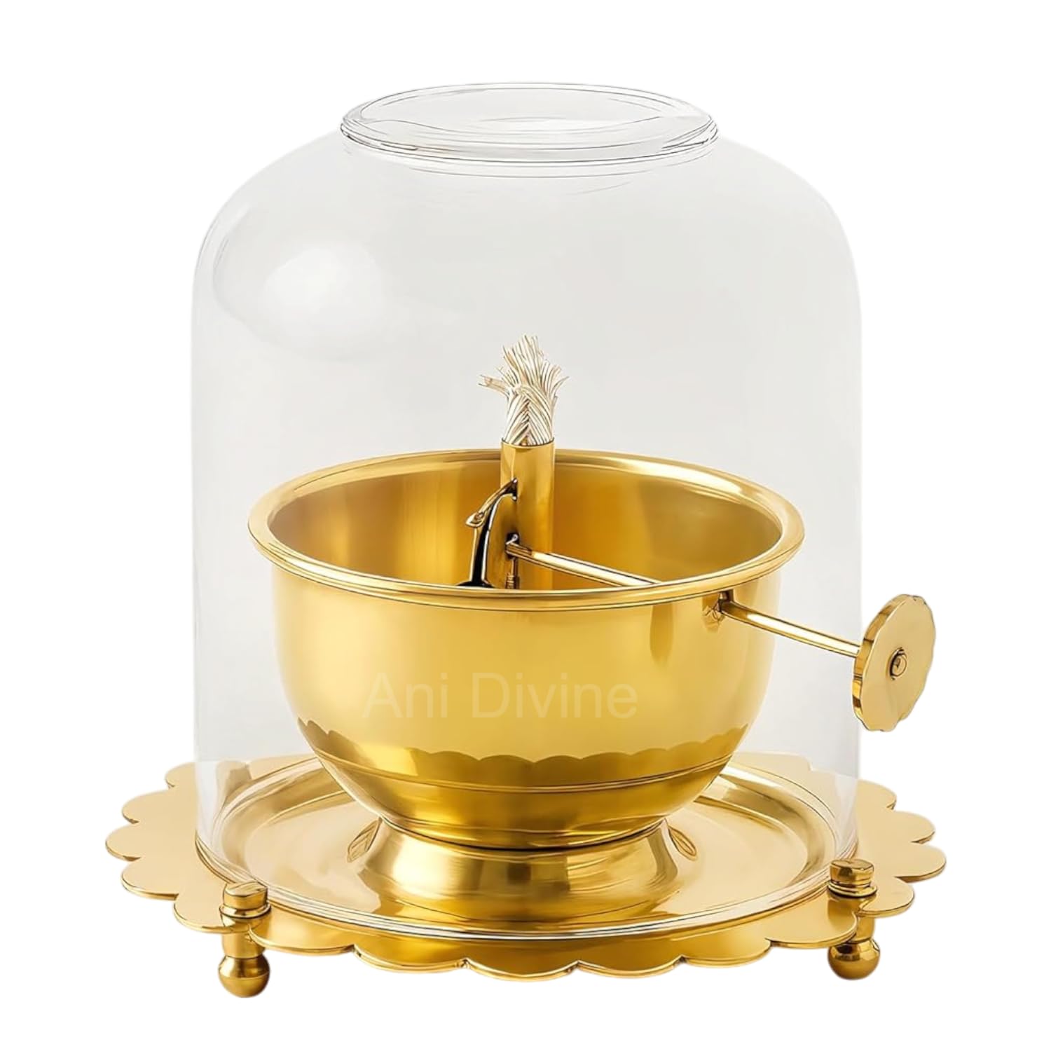 Ani Divine Premium Brass Akhand Jyoti Borosilicate Glass Cover Diya Oil Lamp with Adjustable Bati Knob Lifting Screw Wick Holder - (Large Size, 150 ml Oil Capacity)-image-5