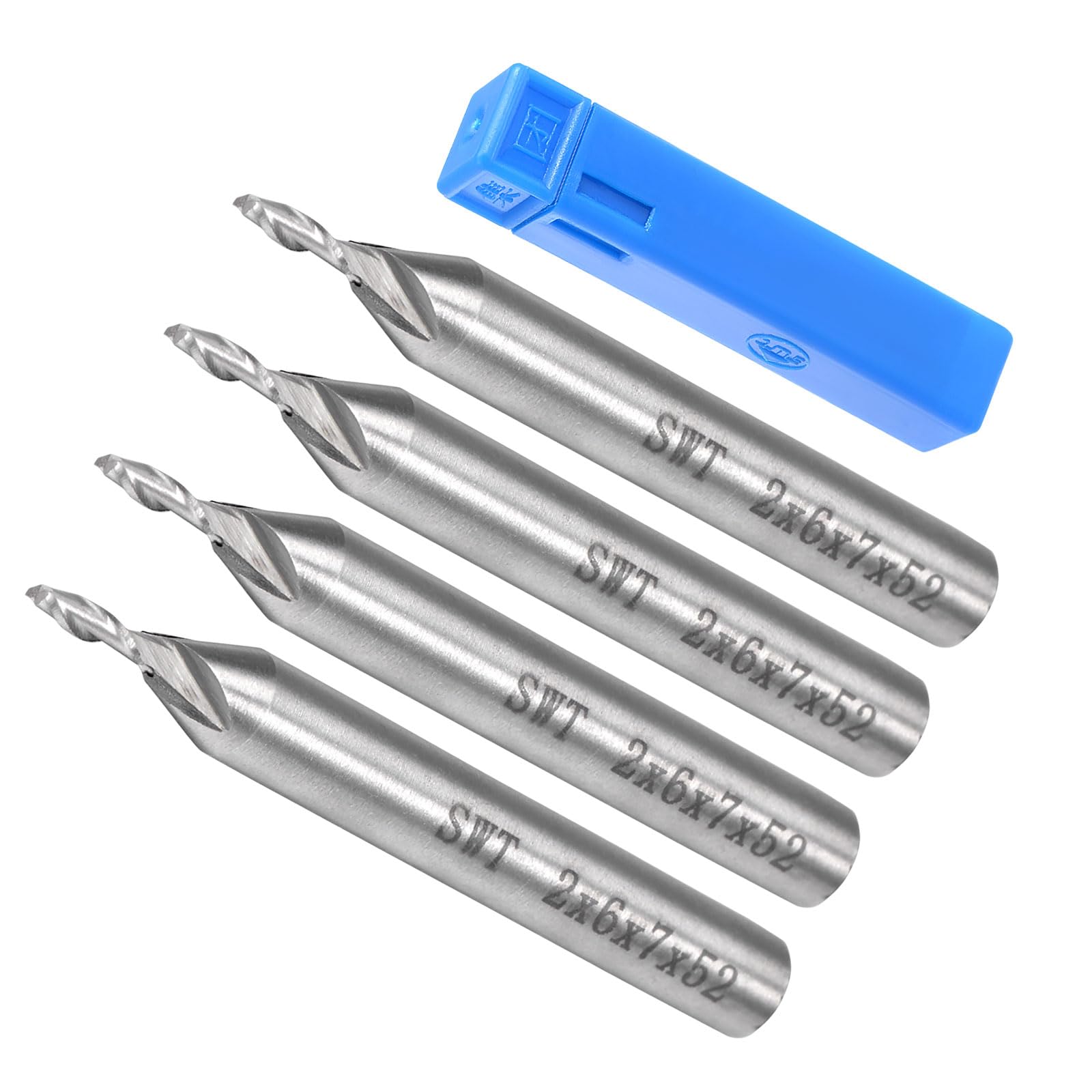 CoCud 2-Flute Spiral End Mill Bits, 2mm Diameter 7mm Length, High Speed Steel Straight Milling Cutter with Storage Case- (Applications: for Plywood Hardwood Plastic), 4-Pieces