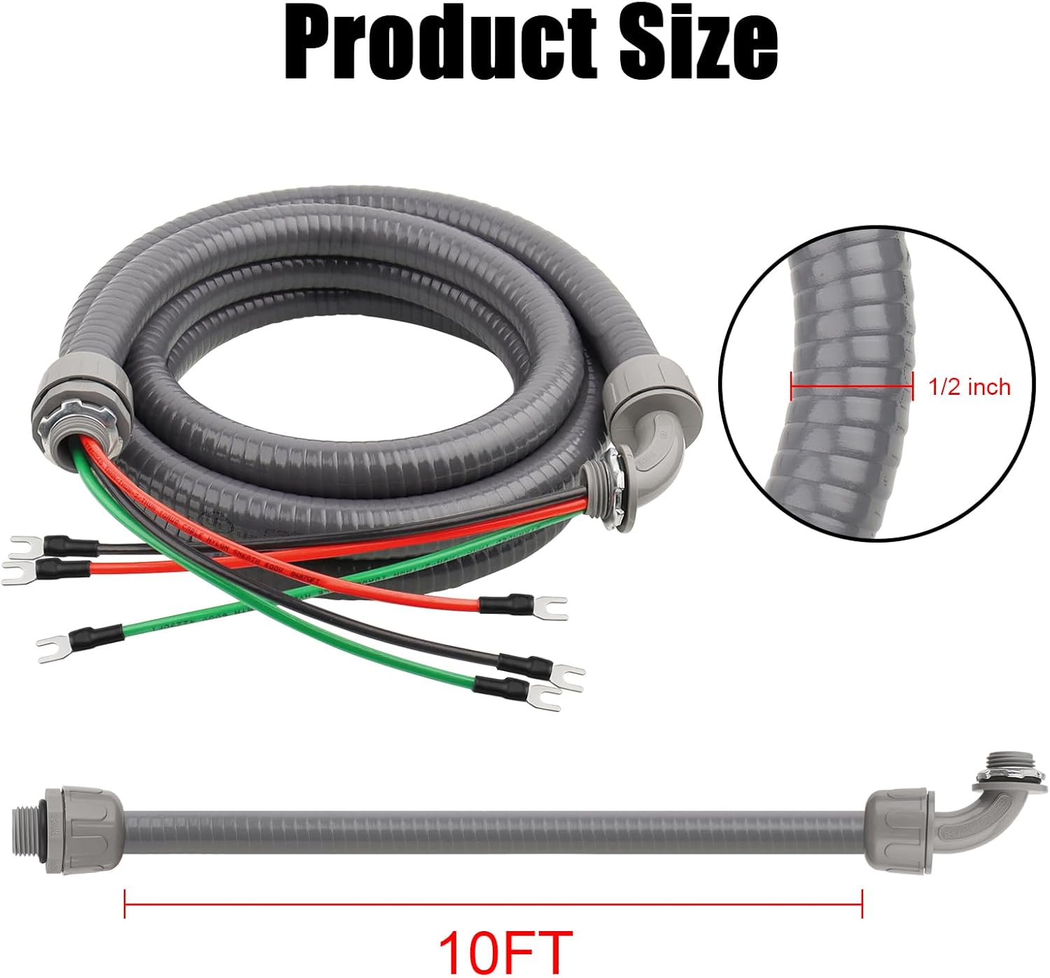 1/2 Inch AC Whip Assembly Kit 10 FT with Terminal, Non-Metallic Liquid Tight Electrical Conduit with 10/3 Gauge THHN Wire for Heater, Air Conditioner, Timer, Mini Split System